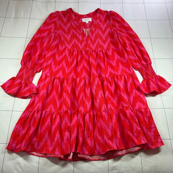 Pomander Place Dress Womens Medium Pink Kenzo Ikat Chevron Tiered Long Sleeve - Picture 3 of 11